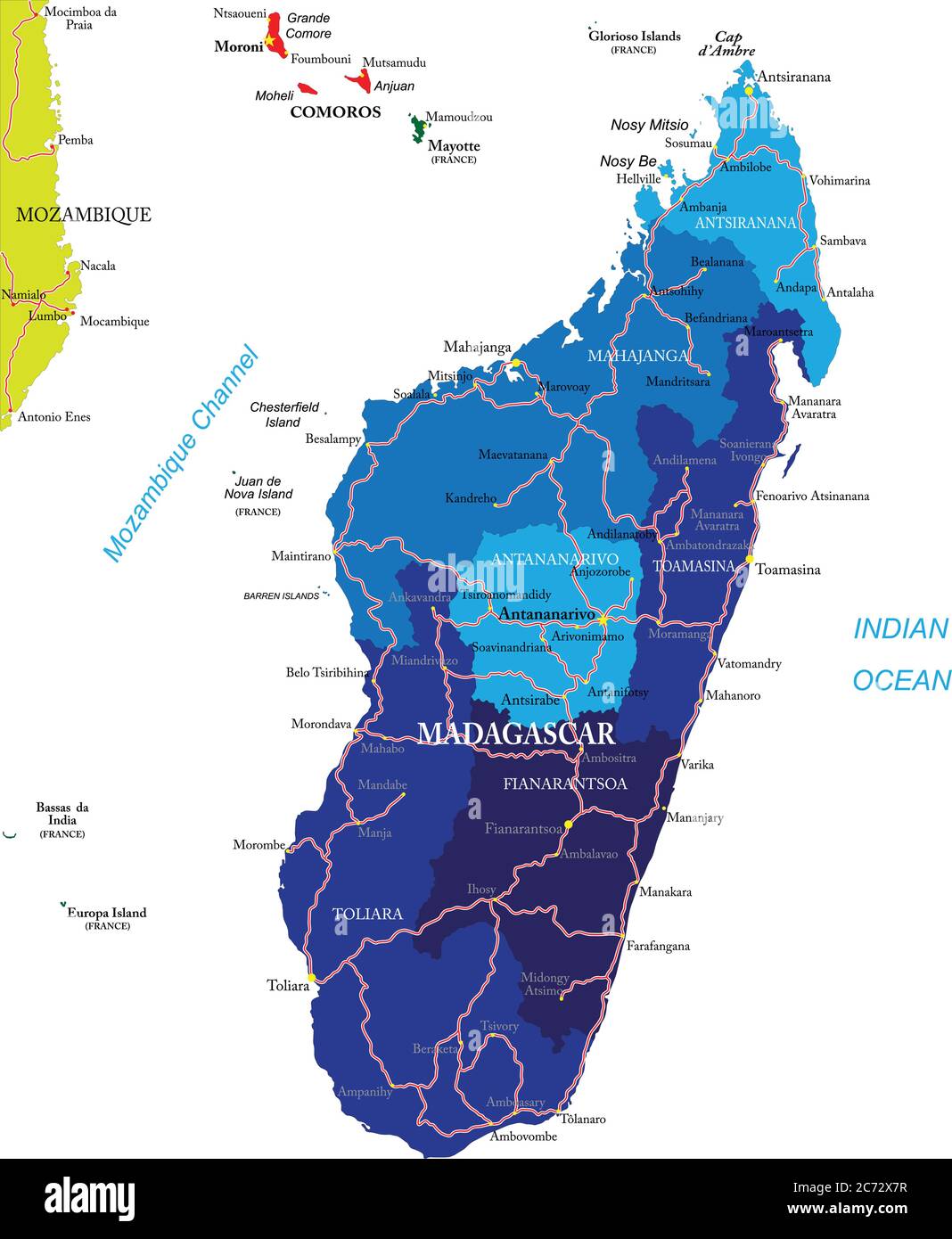 Madagaskar sehr detaillierte Vektorkarte mit Verwaltungsregionen, Hauptstädten und Straßen. Stock Vektor