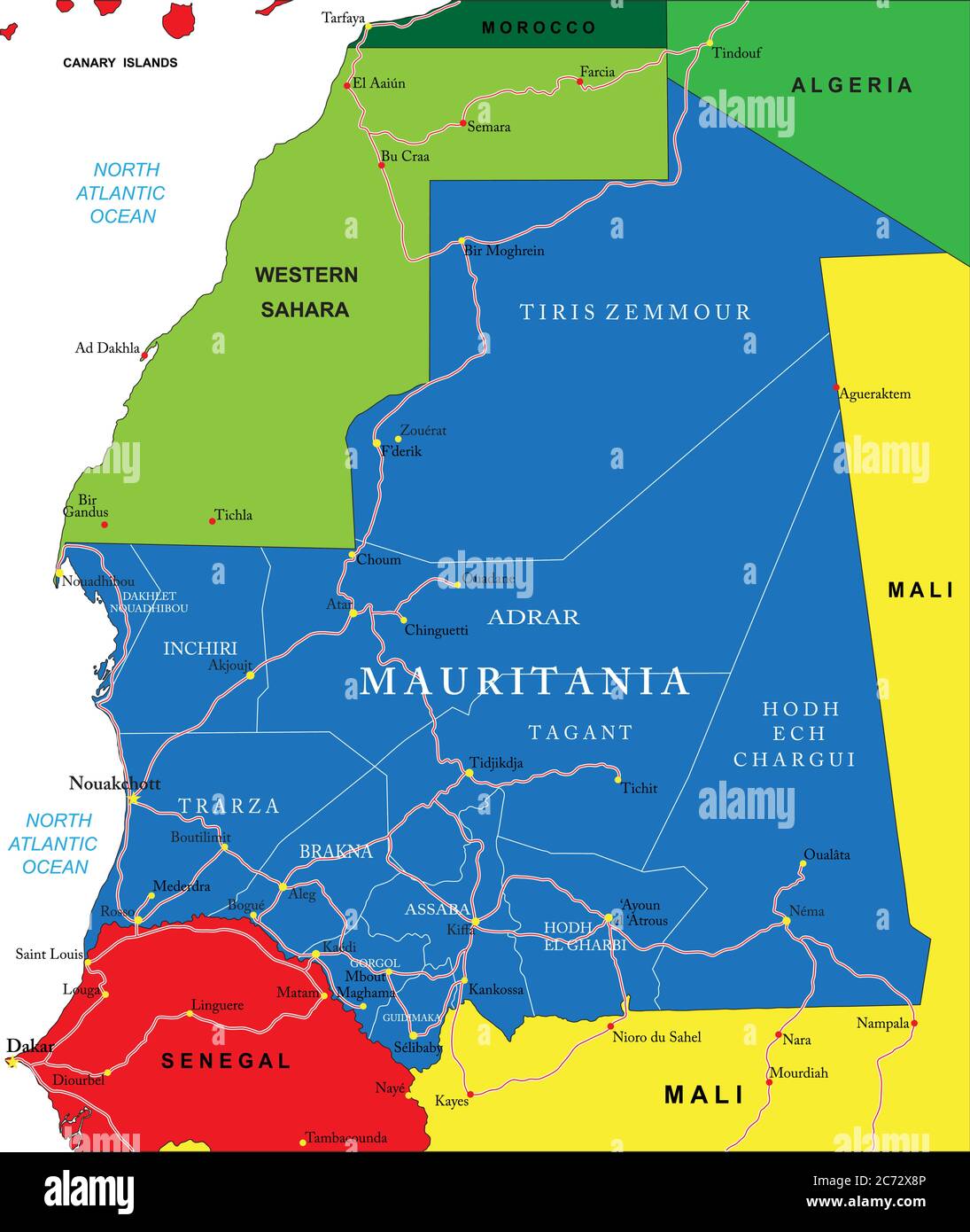 Sehr detaillierte Vektorkarte von Mauretanien mit Verwaltungsregionen, Hauptstädten und Straßen. Stock Vektor