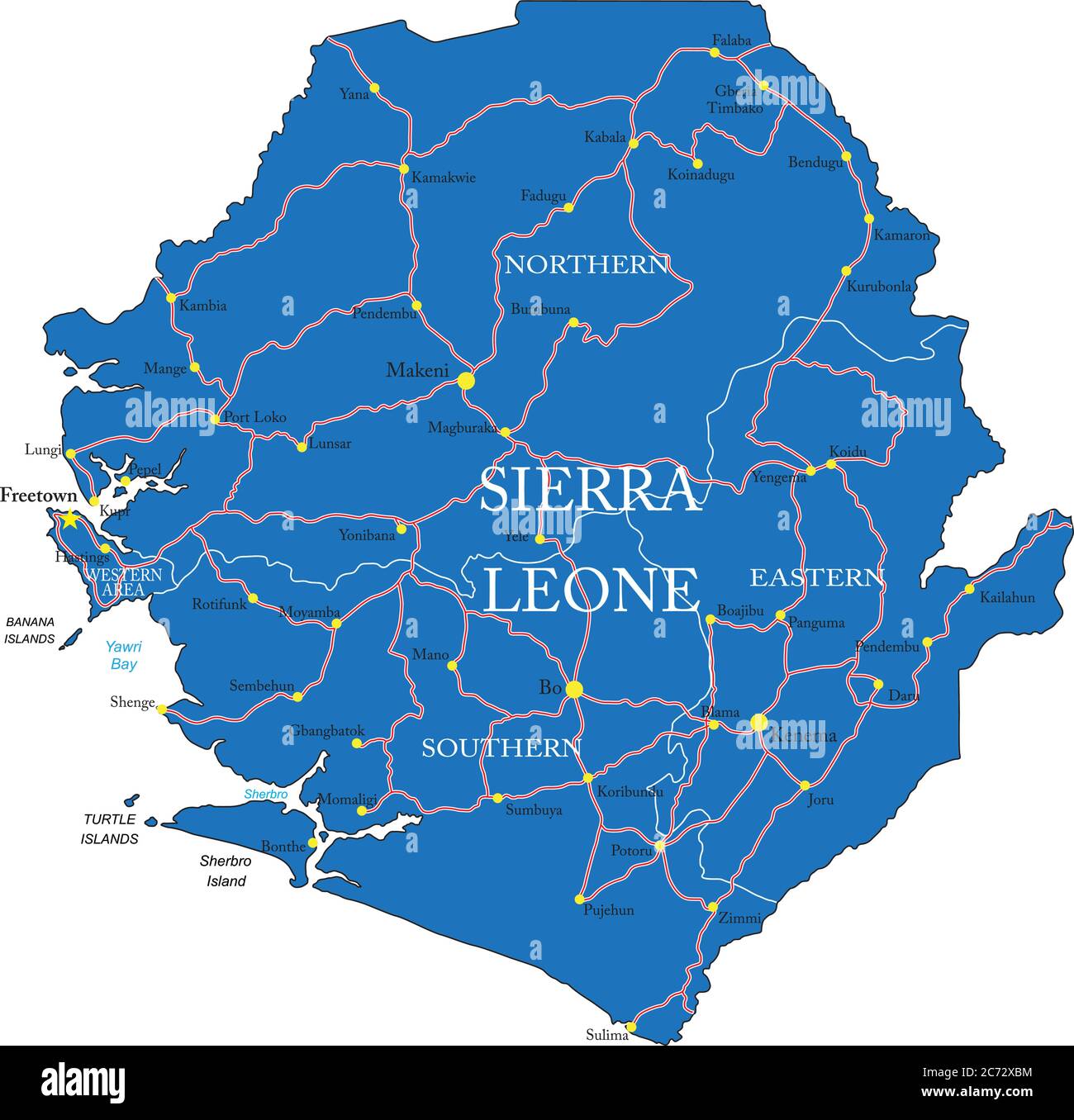 Sehr detaillierte Vektorkarte von Sierra Leone mit Verwaltungsregionen, Hauptstädten und Straßen. Stock Vektor