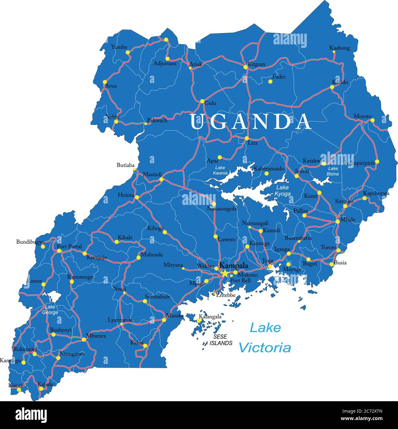 Sehr detaillierte Vektorkarte von Uganda mit Verwaltungsregionen, Hauptstädten und Straßen. Stock Vektor
