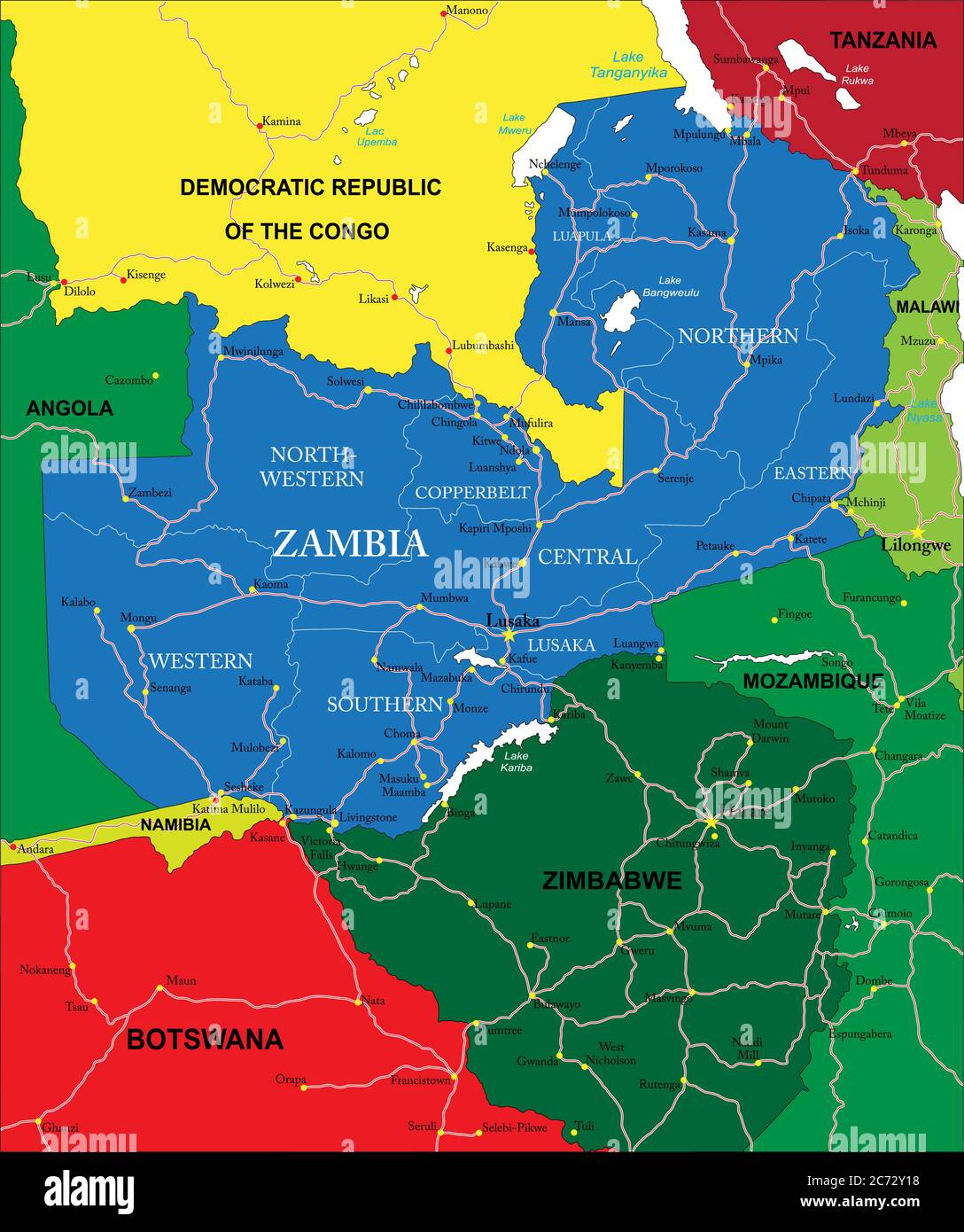 Sehr detaillierte Vektorkarte von Sambia mit Verwaltungsregionen, Hauptstädten und Straßen. Stock Vektor