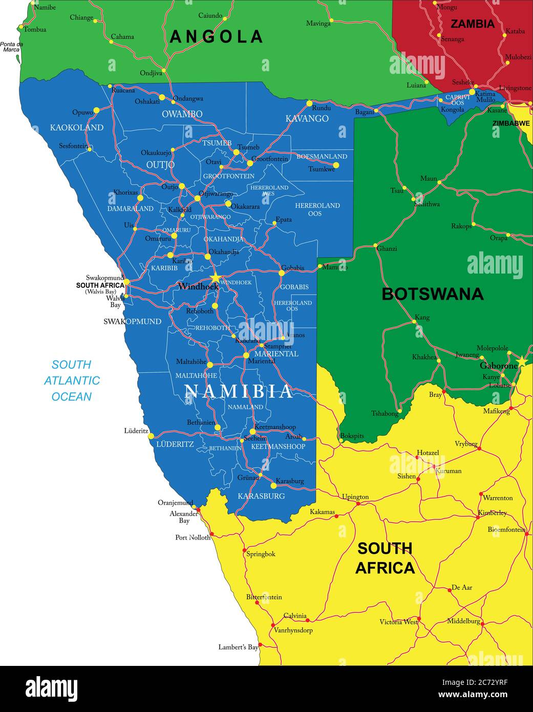 Detailreiche Vektorkarte von Namibia mit Verwaltungsregionen, Hauptstädten und Straßen. Stock Vektor