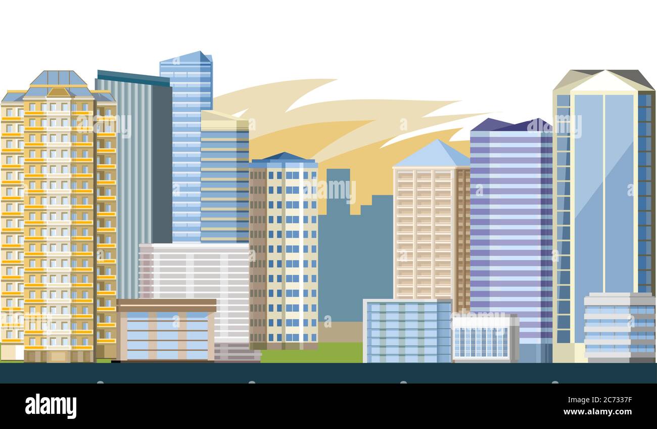 Stadt. Vektorgrafik. Schönes Panorama der Stadt. Hochhäuser, Wolkenkratzer, Bürogebäude. Central Borough. Morgen Stadtlandschaft Stock Vektor