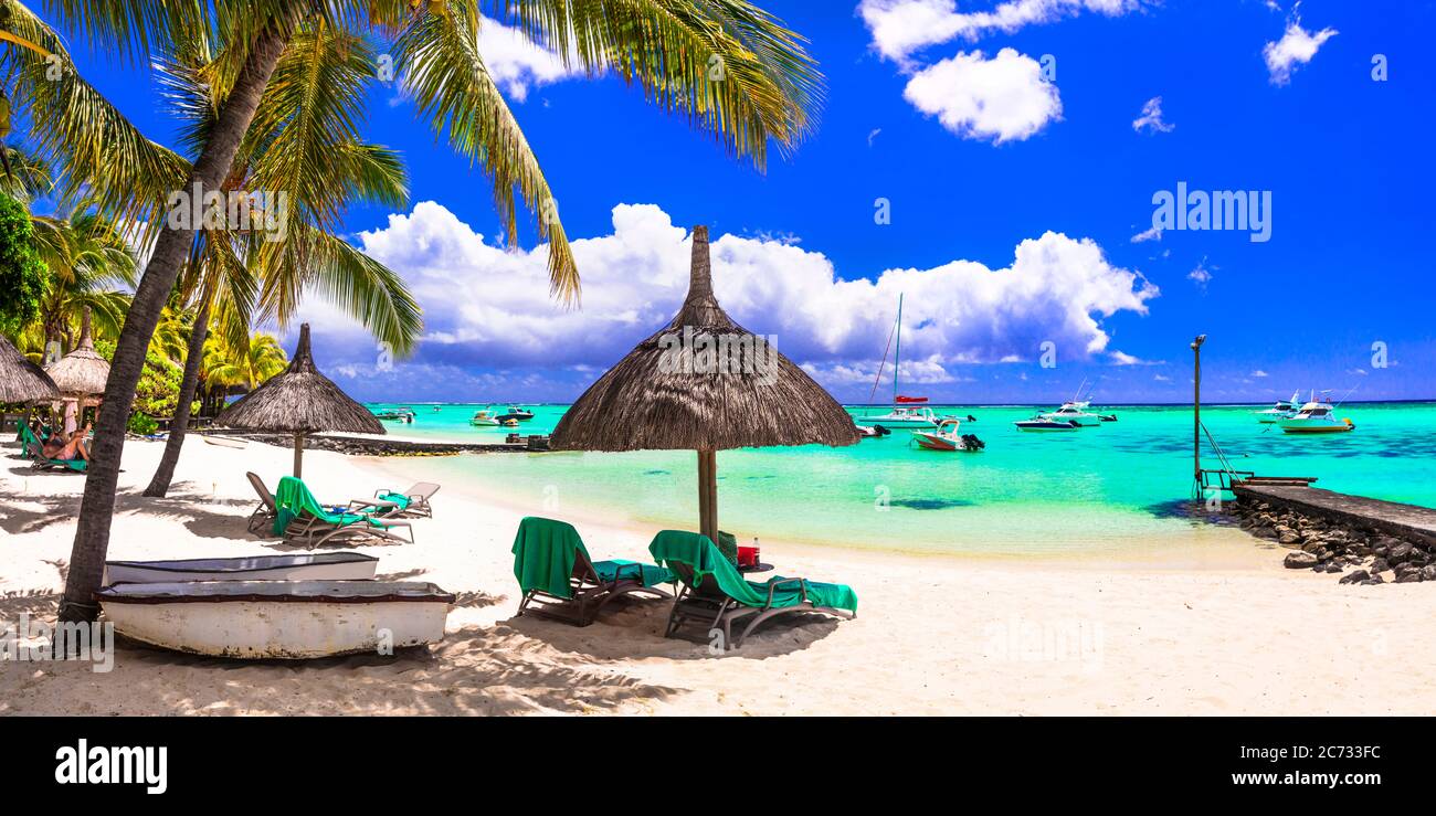 Tropische Strandlandschaft. Urlaub im Paradies Insel Mauritius Stockfoto
