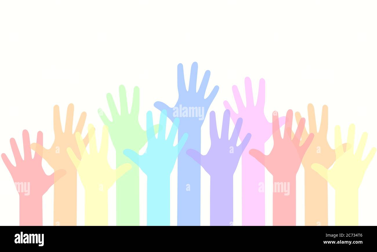 Gruppe Menschen Hände oben, Freiwillige oder Abstimmung Konzept Hintergrund, menschliche Hand. Stock Vektor