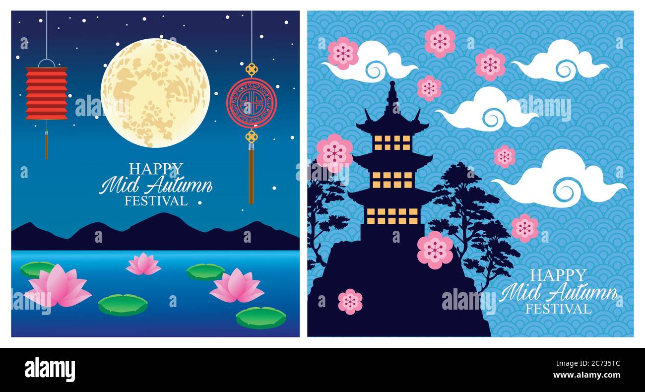 Happy Mitte Herbst Festival Karte mit Laternen hängen und Mond mit Burg Vektor Illustration Design Stock Vektor