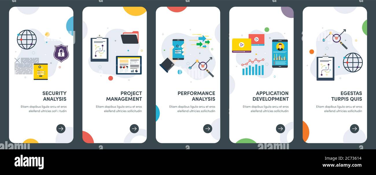 Satz von Symbolen für das flache Design von Konzepten für Sicherheit, Analyse, Projekt, Management und Leistung. UX, UI Vektor Template Kit für Web-Design, Anwendungen, Stock Vektor