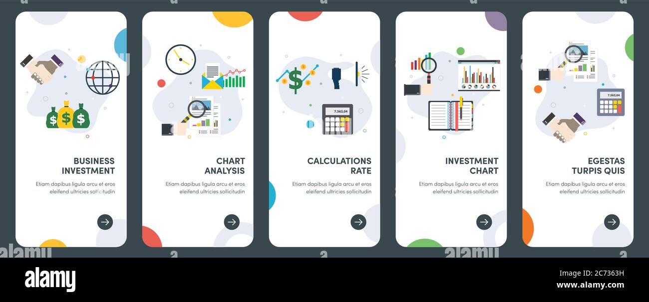 Satz von Konzepten flacher Design-Symbole für Investitionen, Analyse, Berechnungen, Rate, Diagramm. UX, UI Vektor Template Kit für Web-Design, Anwendungen, mobile Stock Vektor