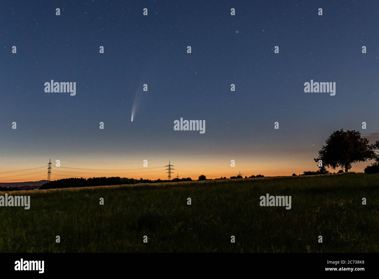 Neckarbischofsheim, 12. Juli 2020: Komet C/2020 F3 (Neowise) bewegt sich tief über den Horizont, etwa 1 Stunde vor Sonnenaufgang Stockfoto