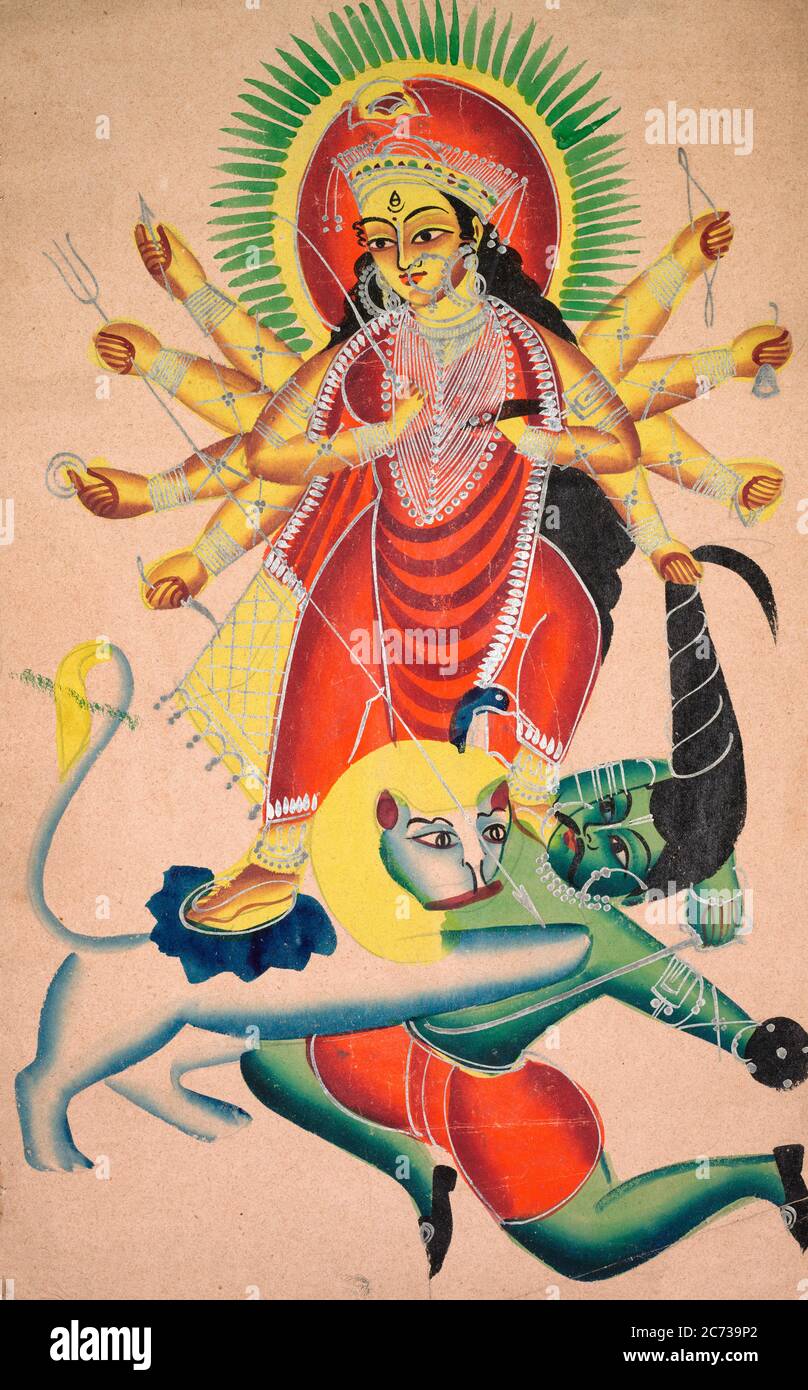 Durga Killing the Demon Mahisha - 1800er, indische und südostasiatische Kunst Stockfoto