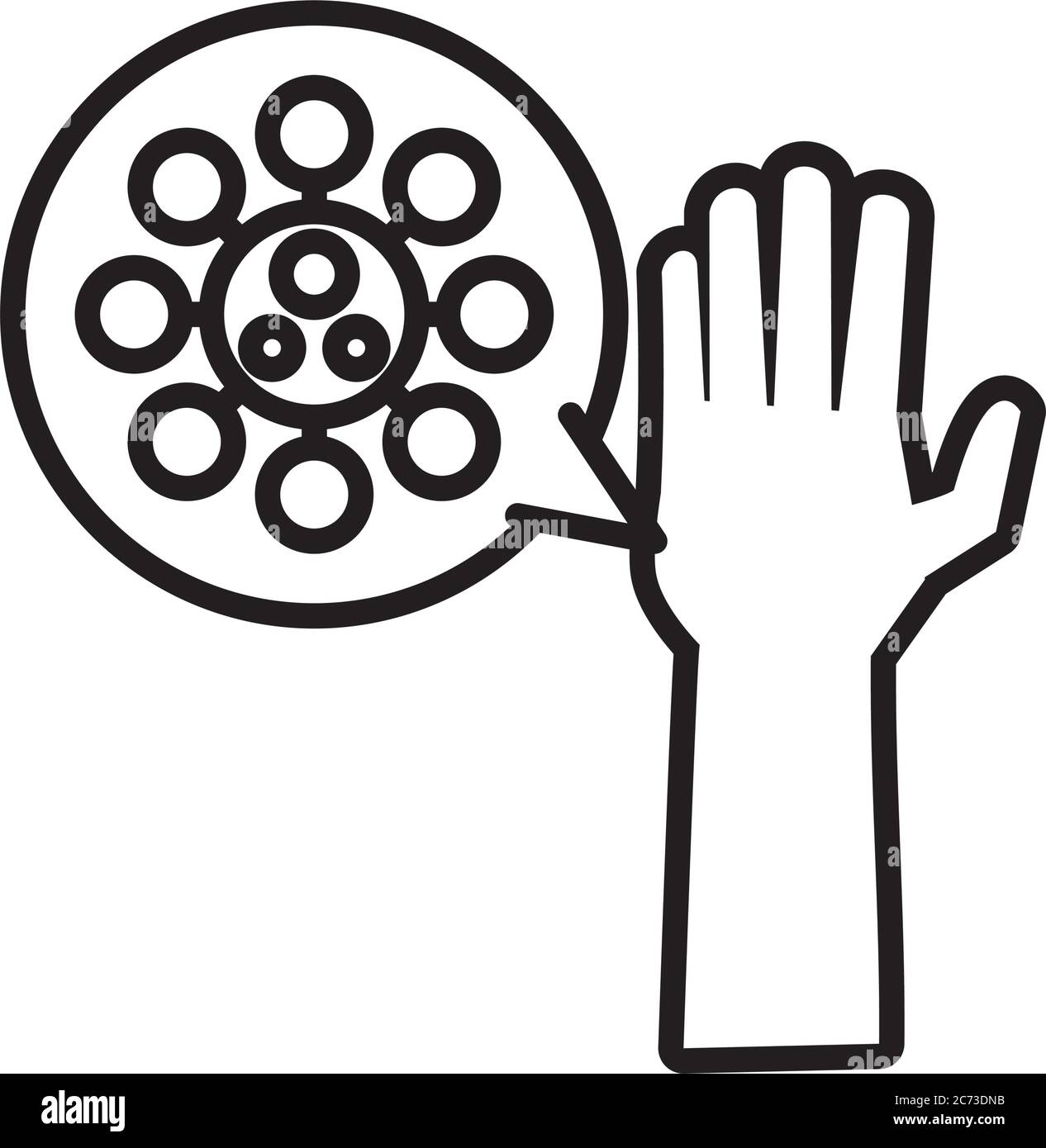 Hand mit covid19 Virus Partikel Linie Stil Vektor Illustration Design Stock Vektor