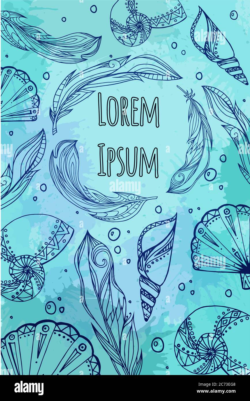 Karte mit handgezeichneten Federn, Muscheln mit Boho-Muster und Aquarellspritzern. Tribal Doodle Postkarte. Vektor-Element für Ihre Kreativität. Stock Vektor