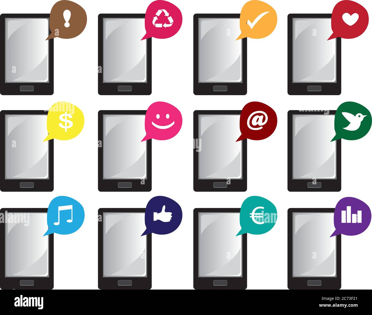 Drahtloses Smartphone mit verschiedenen Internet-Symbolen für Anwendungen in Sprechblasen. Sammlung von Vektorsymbole auf weißem Hintergrund isoliert. Stock Vektor