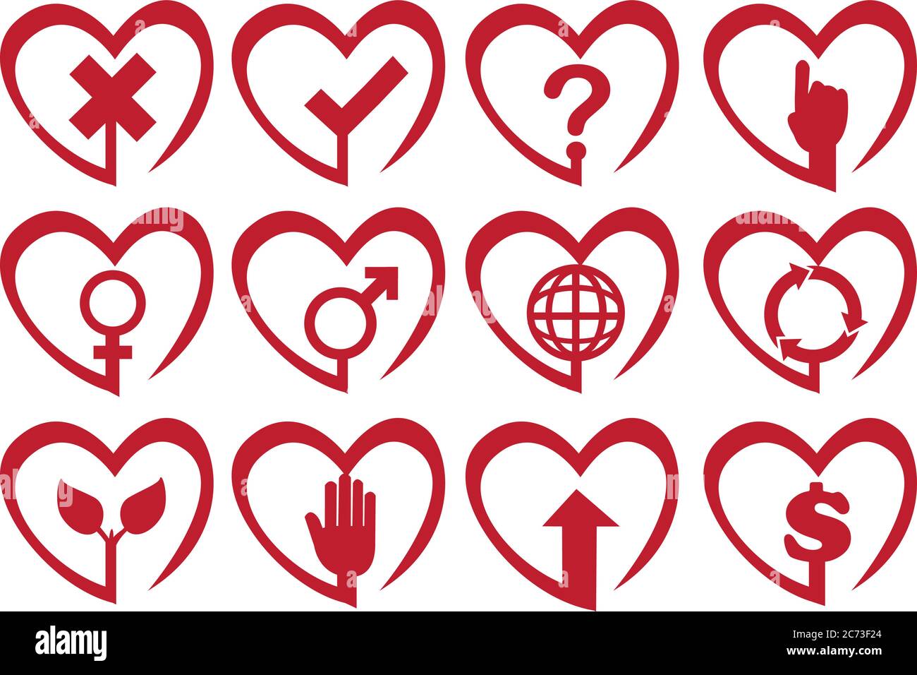 Vektordarstellung von Symbolen und Symbolen in herzförmigen Rahmen. Stock Vektor
