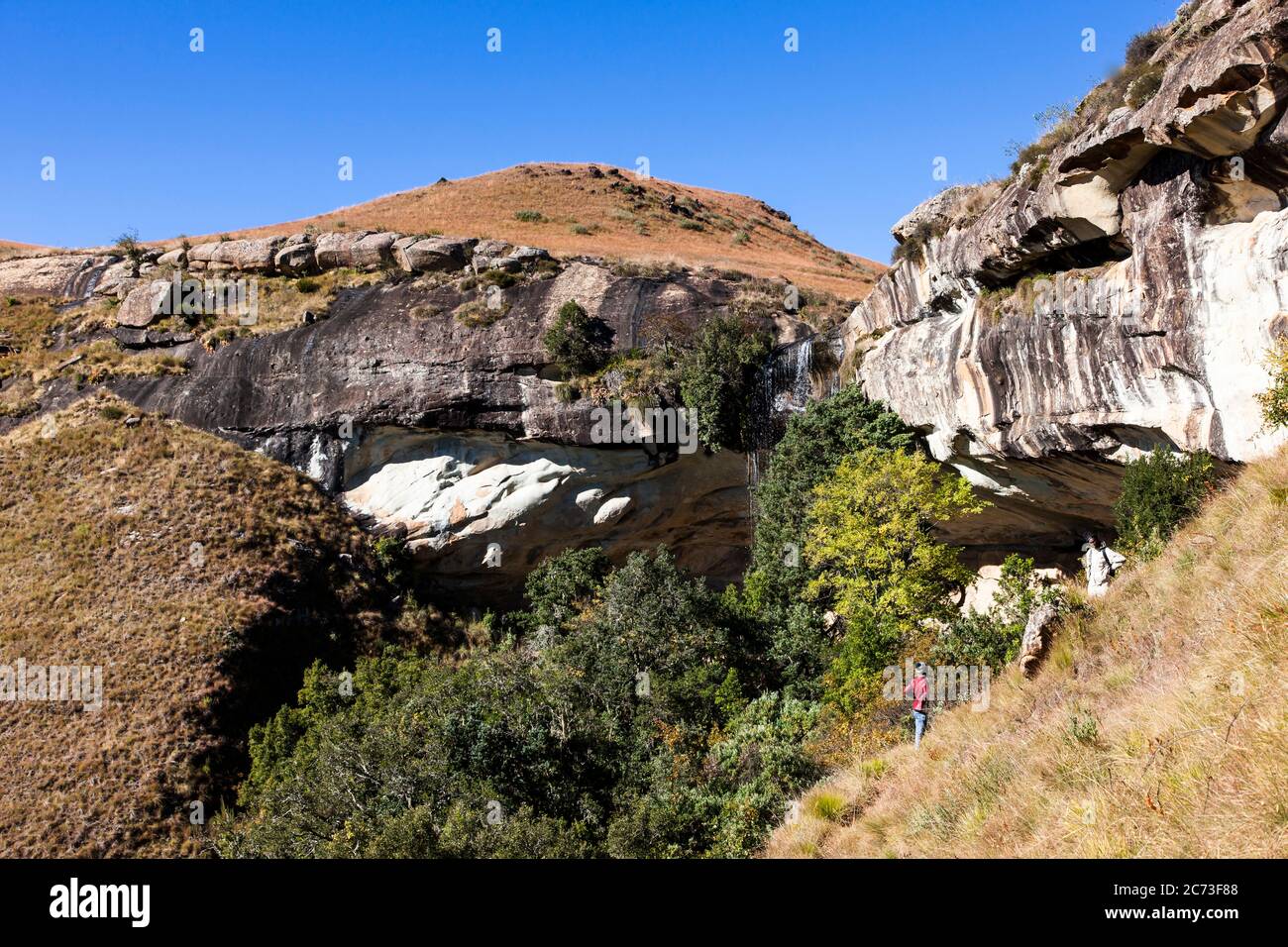 Drakensberg, Fernansicht der 'Eland Cave' Felsenkunststätte, Didima Schlucht, Giants Castle Game Reserve, Uthukela, KwaZulu-Natal, Südafrika, Afrika Stockfoto