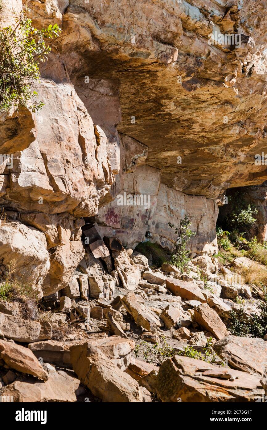 Drakensberg, 'Game Pass Sheiter' Rock Art Site, Felsmalerei, Kamberg Nature Reserve, KwaZulu-Natal, Südafrika, Afrika Stockfoto