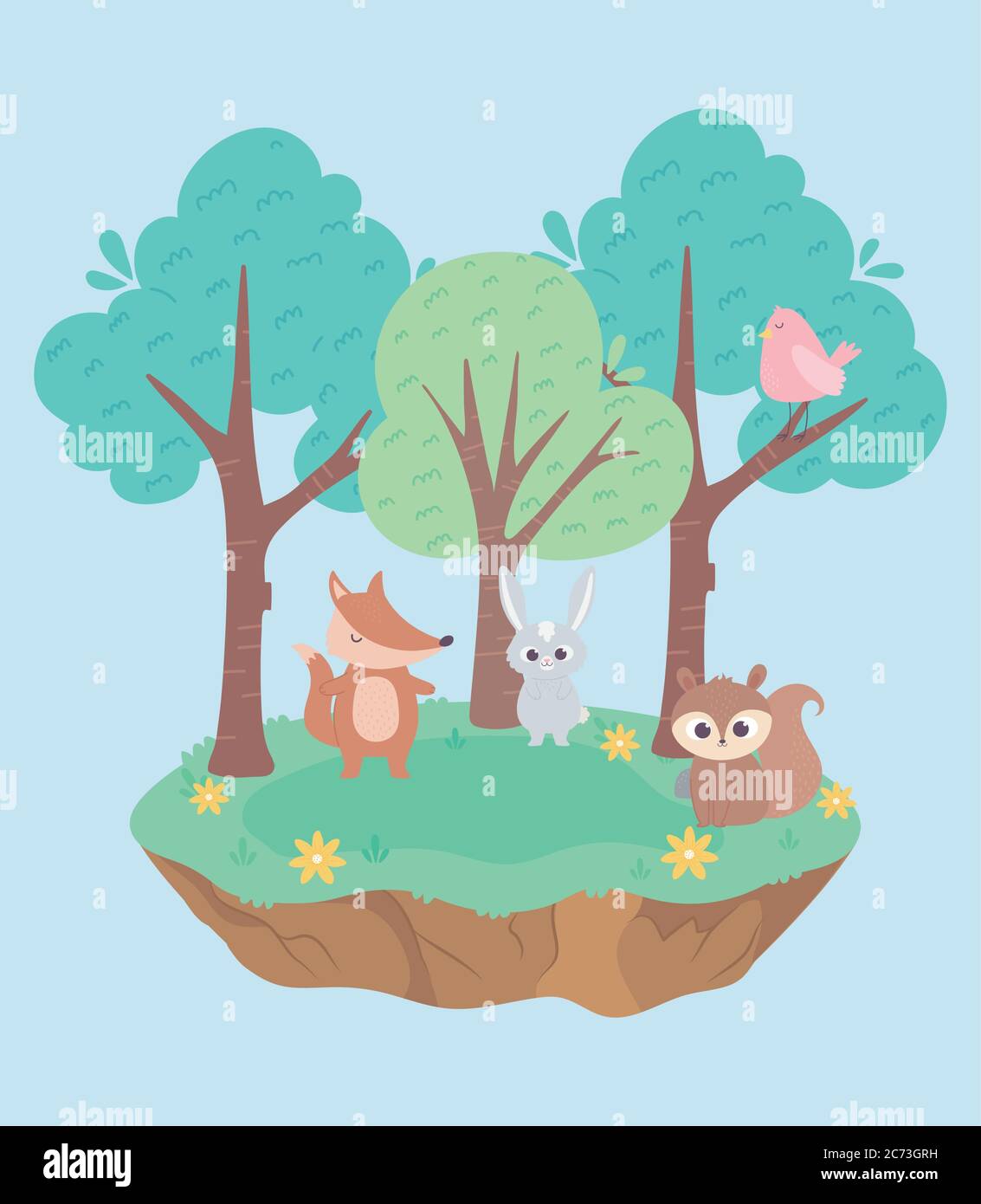 Niedliche kleine Kaninchen Fuchs Vogel und Eichhörnchen Tiere Cartoon-Vektor-Illustration Stock Vektor