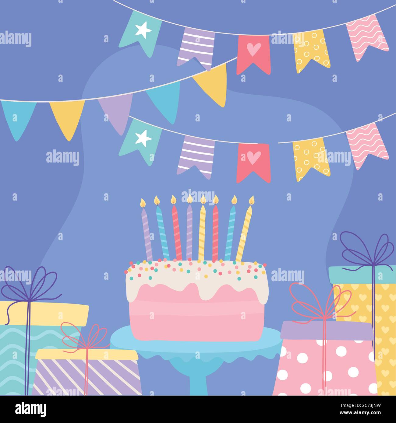 Alles gute zum Geburtstag, süße Kuchen mit Kerzen Geschenk Überraschungen und Wimpel Feier Dekoration Cartoon Vektor Illustration Stock Vektor