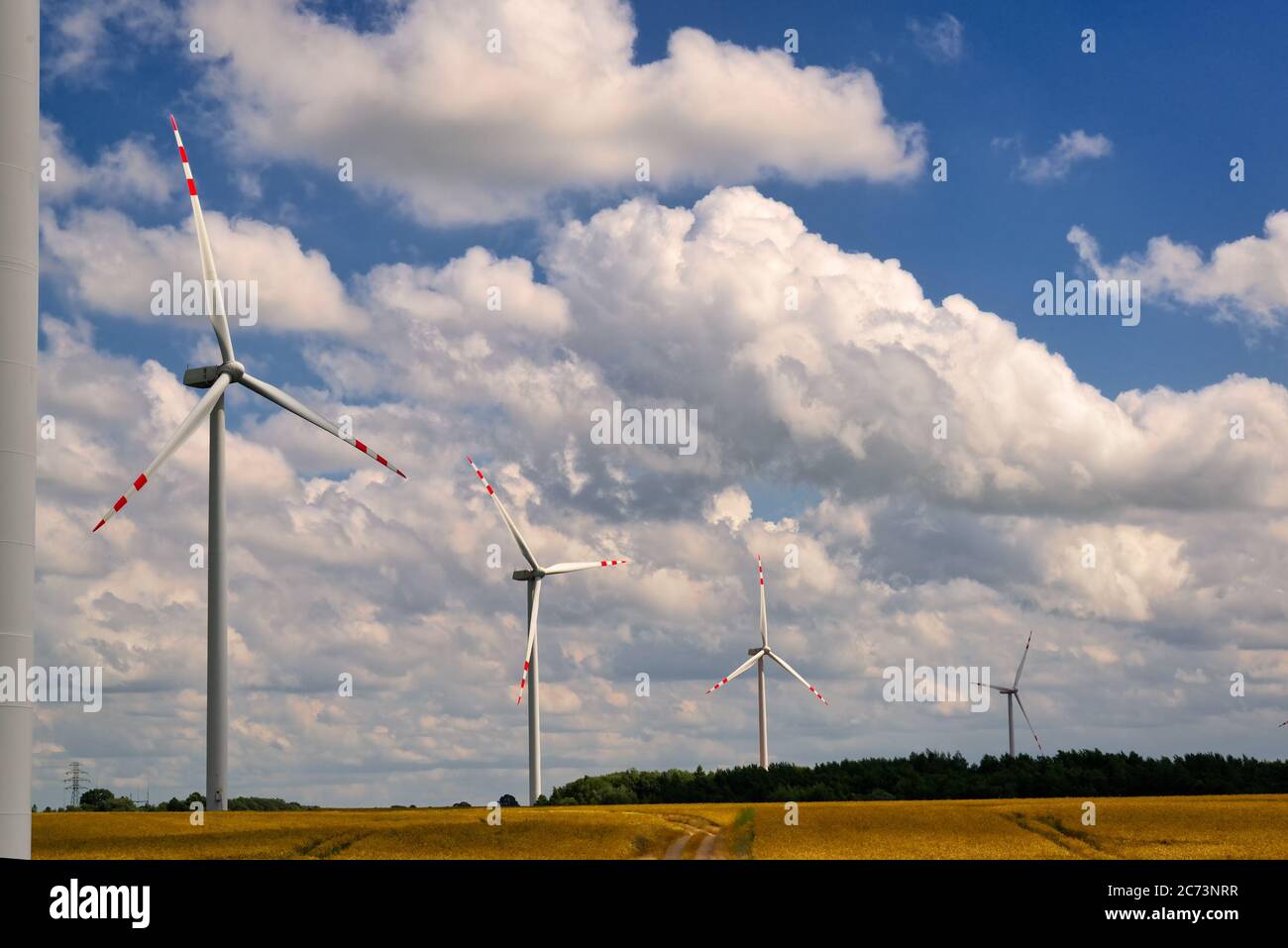 Windgeneratoren stehen auf dem Hügel gegen den Himmel. Windmühle Farm. Stockfoto