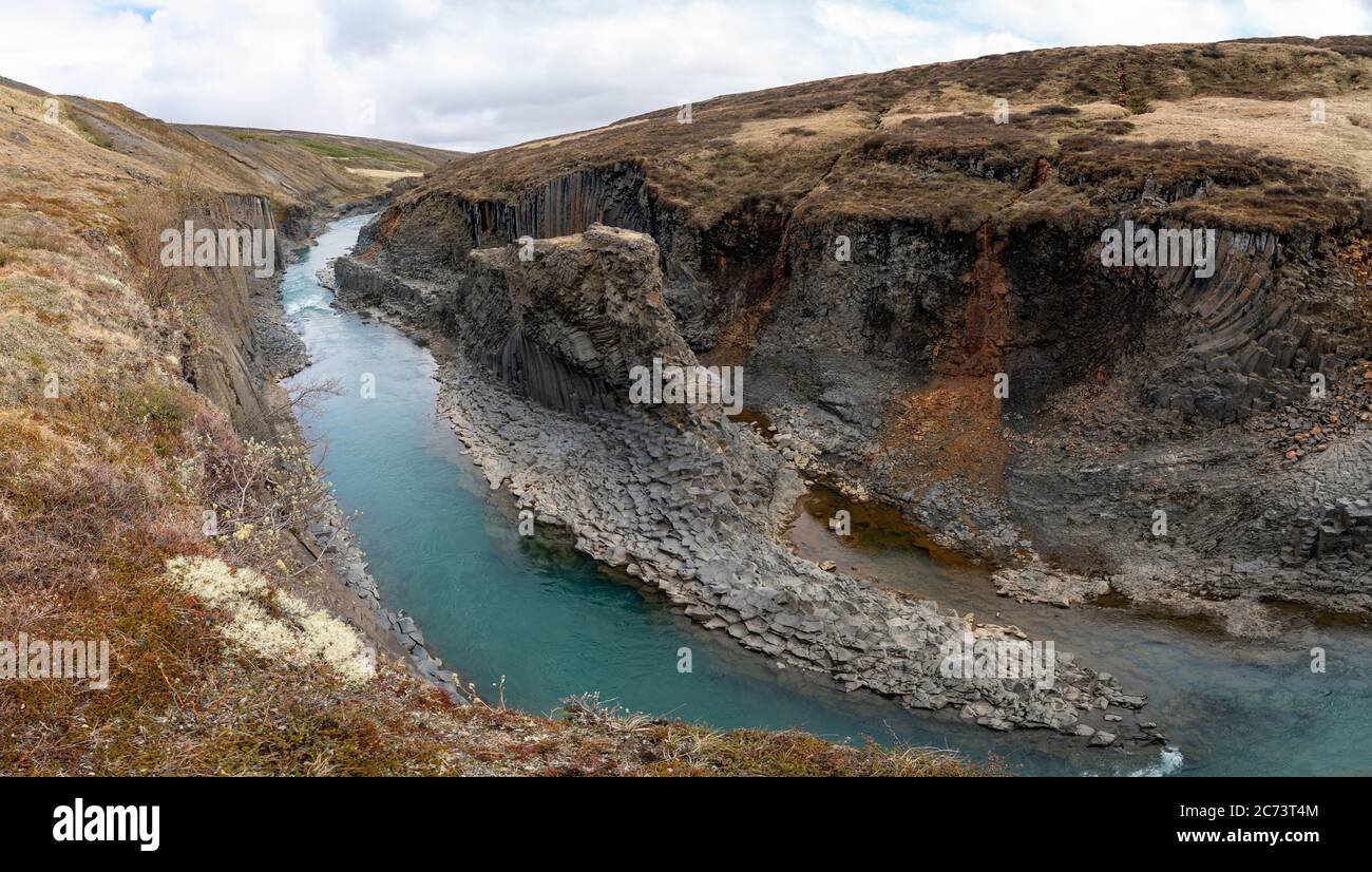 Basaltschlucht von Studlagil, Island. Dies ist eine seltene vulkanische Basaltsäulenformation Stockfoto