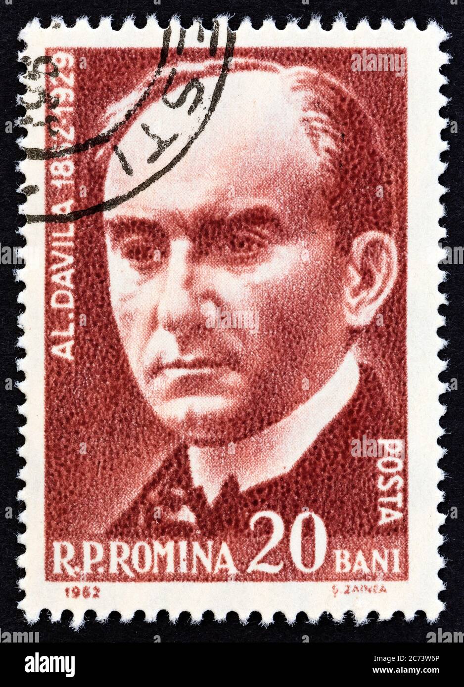RUMÄNIEN - UM 1962: Eine in Rumänien gedruckte Briefmarke zeigt Alexandru Davila, Schriftsteller, um 1962. Stockfoto