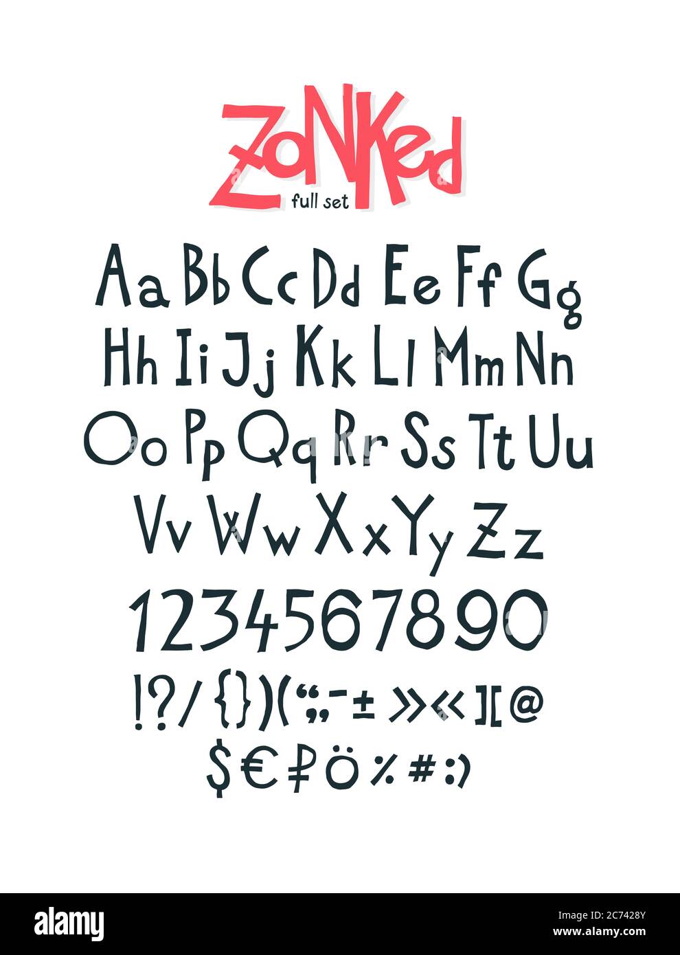 Englische, ursprüngliche Schriftart für die Anzeige. Vektor. Alphabet des Autors. Ein kompletter Satz von Zeichen, Zahlen, Groß- und Kleinbuchstaben. Es kann in de verwendet werden Stock Vektor