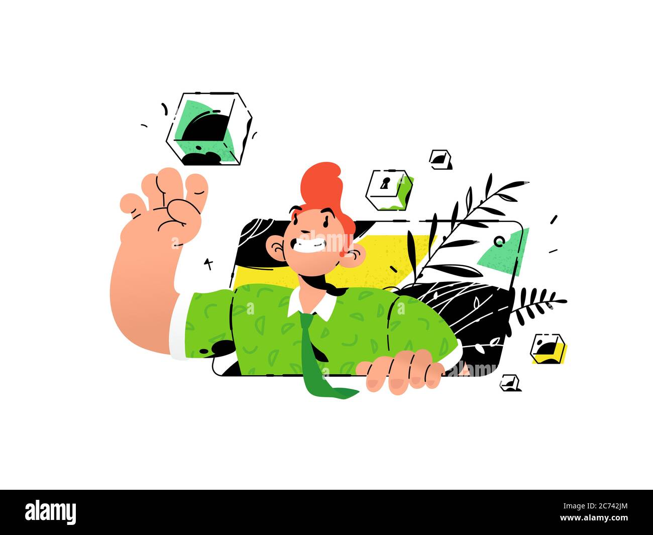 Illustrationen eines Mannes mit Bankzellen und Tresore. Vektor. Eine Metapher über die Erhaltung der wertvollsten in Bankzellen. Freundlicher Charakter. Sa Stock Vektor