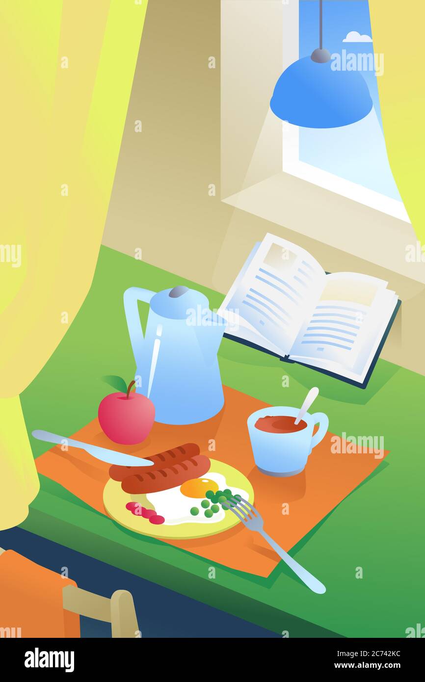 Abbildung des Frühstücks im Inneren. Stillleben am Morgen. Vektor. Poster für Werbung. Kaffee, Spiegeleier mit Würstchen und grünen Erbsen. Stock Vektor