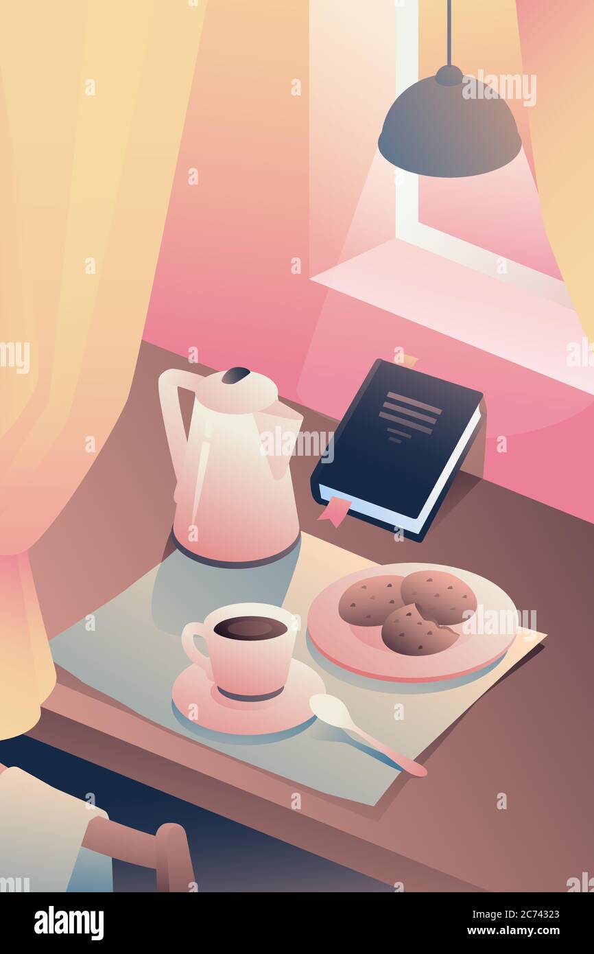 Abbildung des Frühstücks im Inneren. Stillleben am Morgen. Vektor. Poster für Werbung. Kaffee, Tee und Kekse. Ein Metapher geschlossenes Buch Stock Vektor