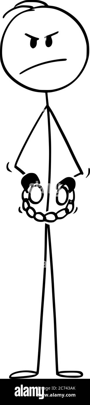Vektor Cartoon Stick Figur Zeichnung Konzeptionelle Illustration Von Wutend Verhafteten Mann Verbrecher Oder Gefangener In Ketten Oder Handschellen Oder Mit Fesseln An Den Handen Stock Vektorgrafik Alamy