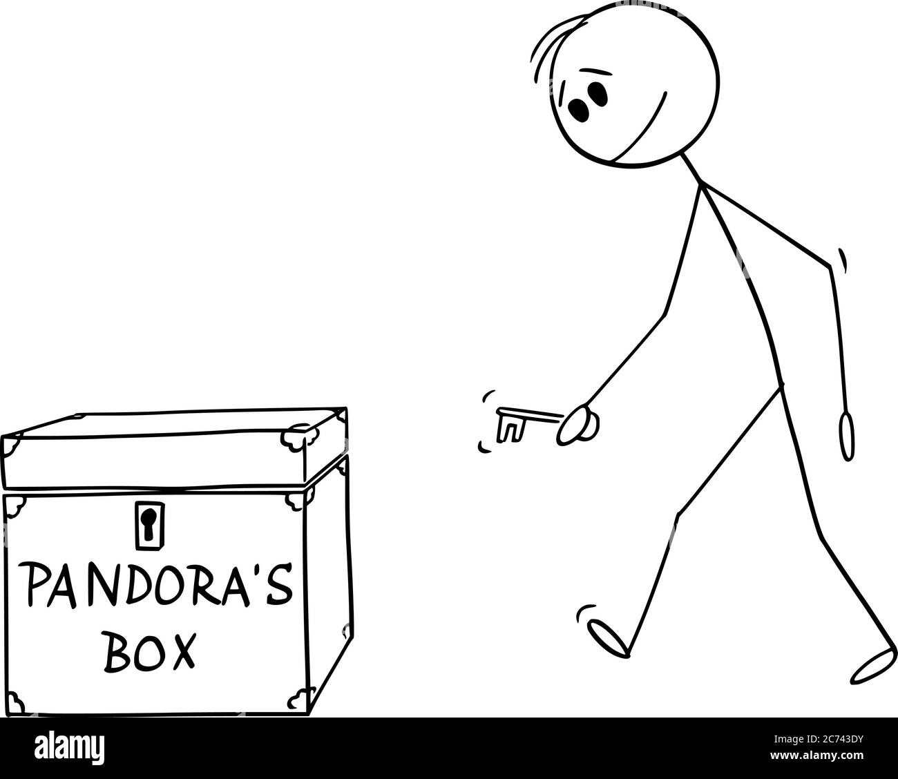 Vektor Cartoon Stick Figur Zeichnung konzeptionelle Illustration von Mann oder Geschäftsmann zu Fuß mit Schlüssel zu Pandora Box öffnen. Stock Vektor