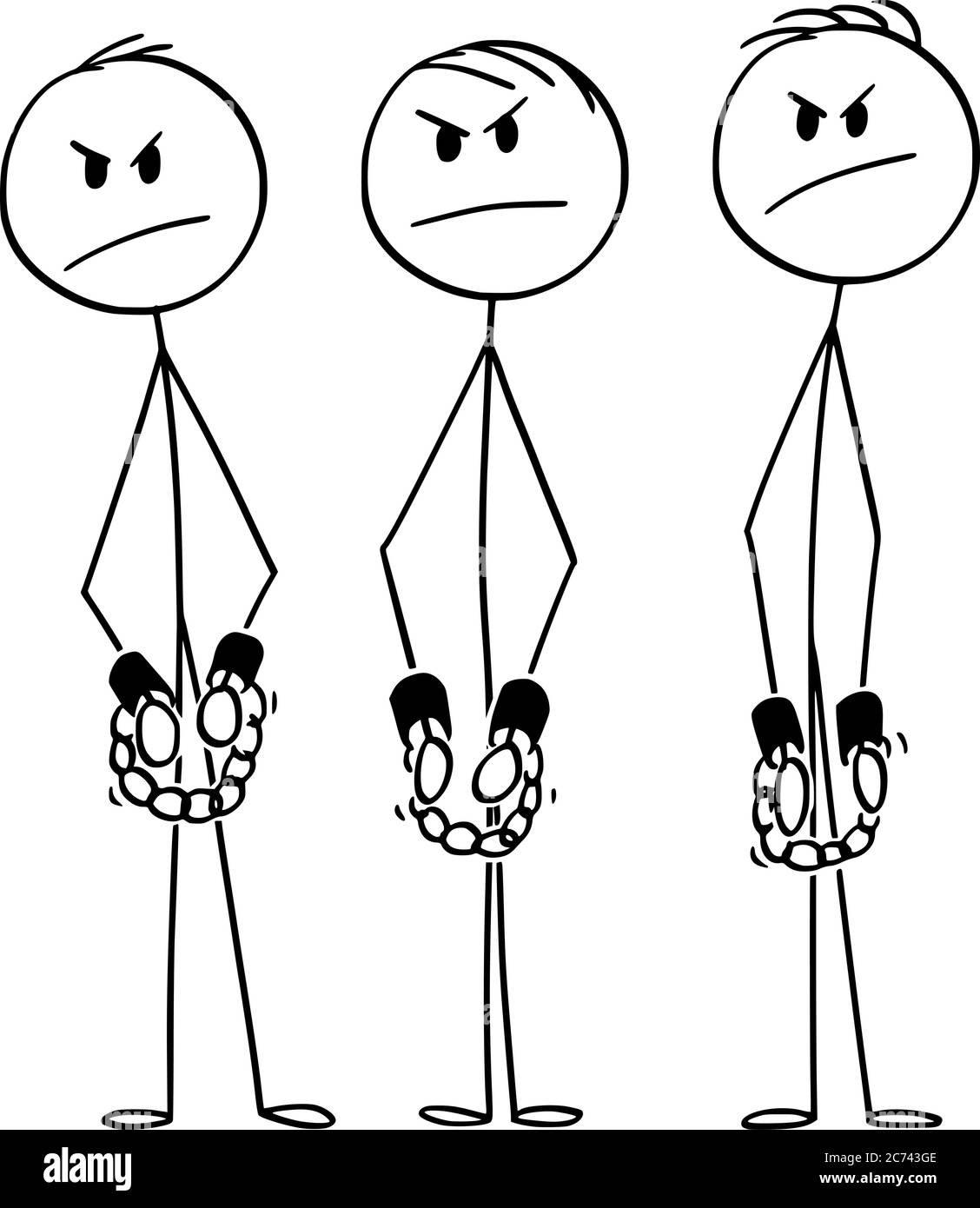 Vektor Cartoon Stick Figur Zeichnung konzeptionelle Illustration von wütend rauh verhafteten Männer, Bande oder Kriminelle oder Gefangene in Ketten oder Handschellen oder mit Fesseln an Händen. Stock Vektor