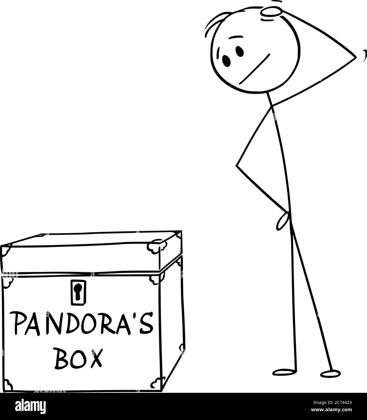 Vektor Cartoon Stick Figur Zeichnung konzeptionelle Illustration von Mann oder Geschäftsmann denken über Risiko und Gelegenheit, Pandora Box zu öffnen. Stock Vektor