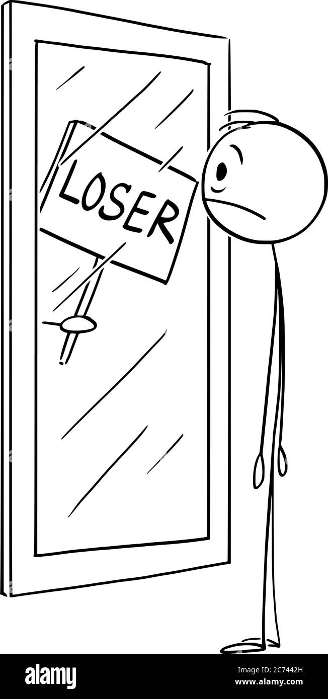 Vektor Cartoon Stick Figur Zeichnung konzeptionelle Illustration frustriert Mann mit geringem Vertrauen oder Selbstwertgefühl Blick auf sich selbst im Spiegel mit Verlierer Zeichen. Stock Vektor