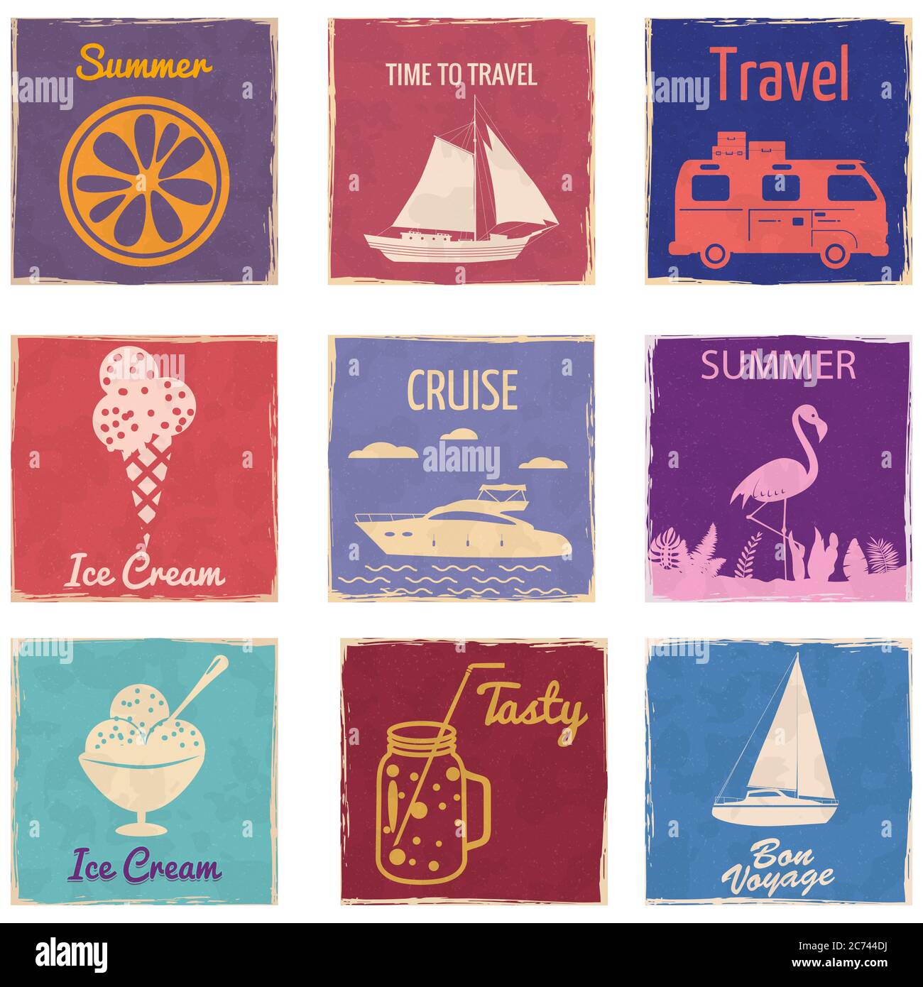 Set Van Camper Mason Jar Segelboot Van Camper Cocktail Flamingo Ice Cream Speedboat Slice Orange Vintage Karten Poster. Strukturierter Retro-Grunge-Effekt Stock Vektor