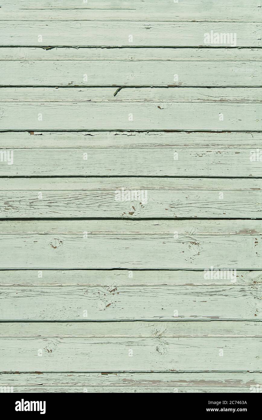 Die Textur von alten zerkratzten grünen Holzplanken. Alte bemalte Holzwandstruktur. Stockfoto