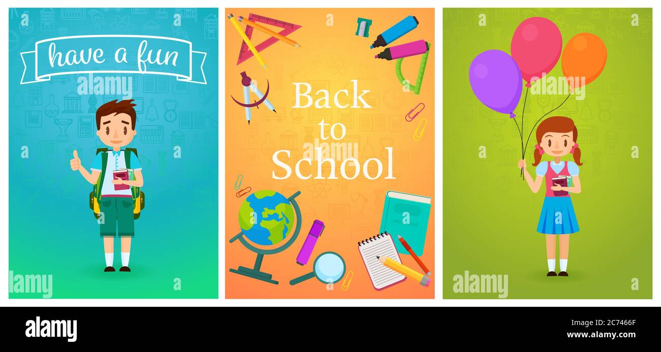 Willkommen zurück in der Schule. Nette Schüler Kinder Vorlagen und Baners. Pupille Boy mit Rucksack und Mädchen mit Ballonen. Schule Studie Ausrüstung Cartoon Vektor Illustration Stock Vektor