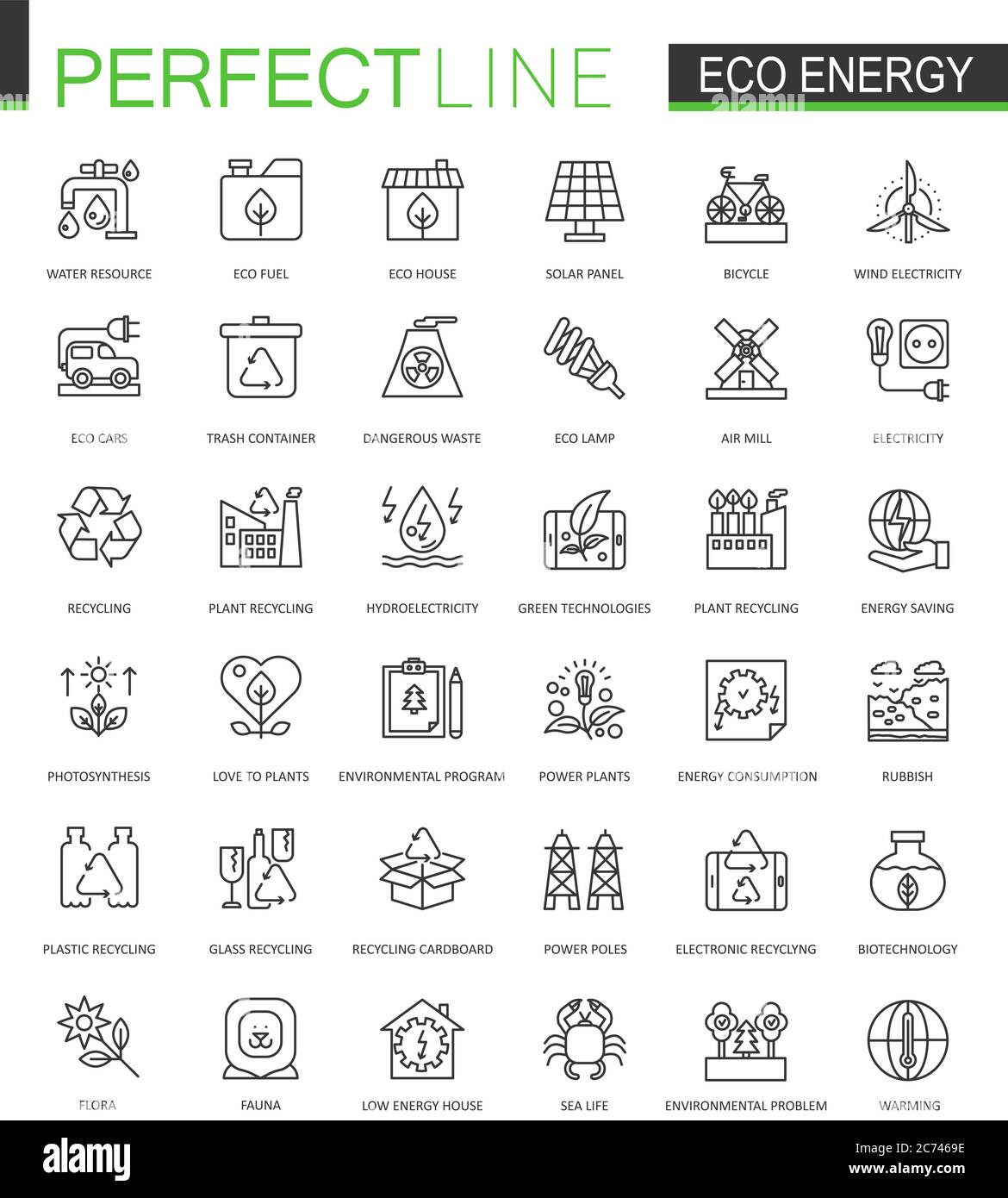 Eco Energy Thin Line Web-Symbole gesetzt. Erneuerbare grüne Technologie umreißen Schlaganfall Symbole Design Stock Vektor