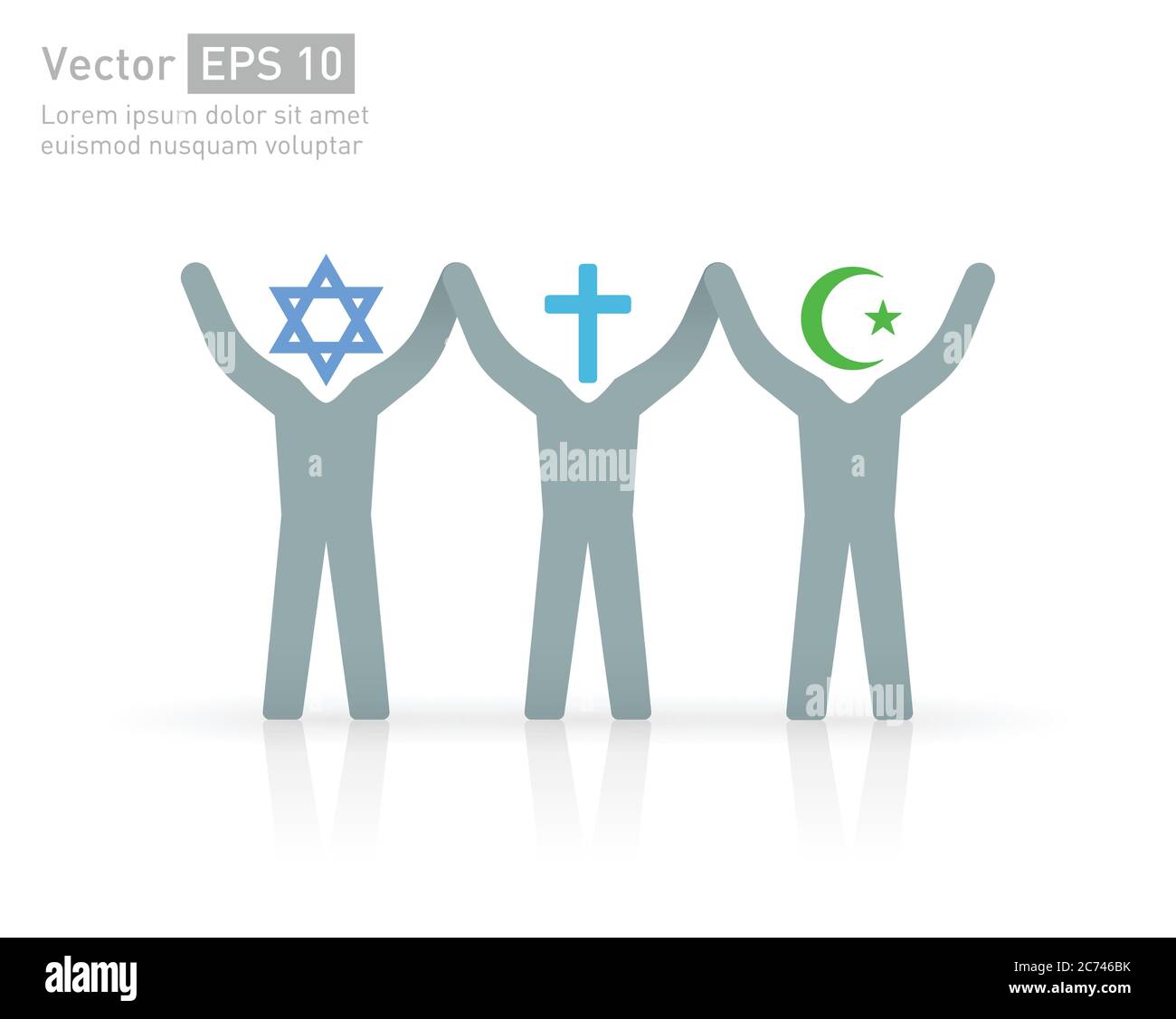 Freundschaft und Frieden Menschen verschiedener Religionen. Islam (Muslim), Christentum (Christian) und Judentum (jüdisch) Stock Vektor