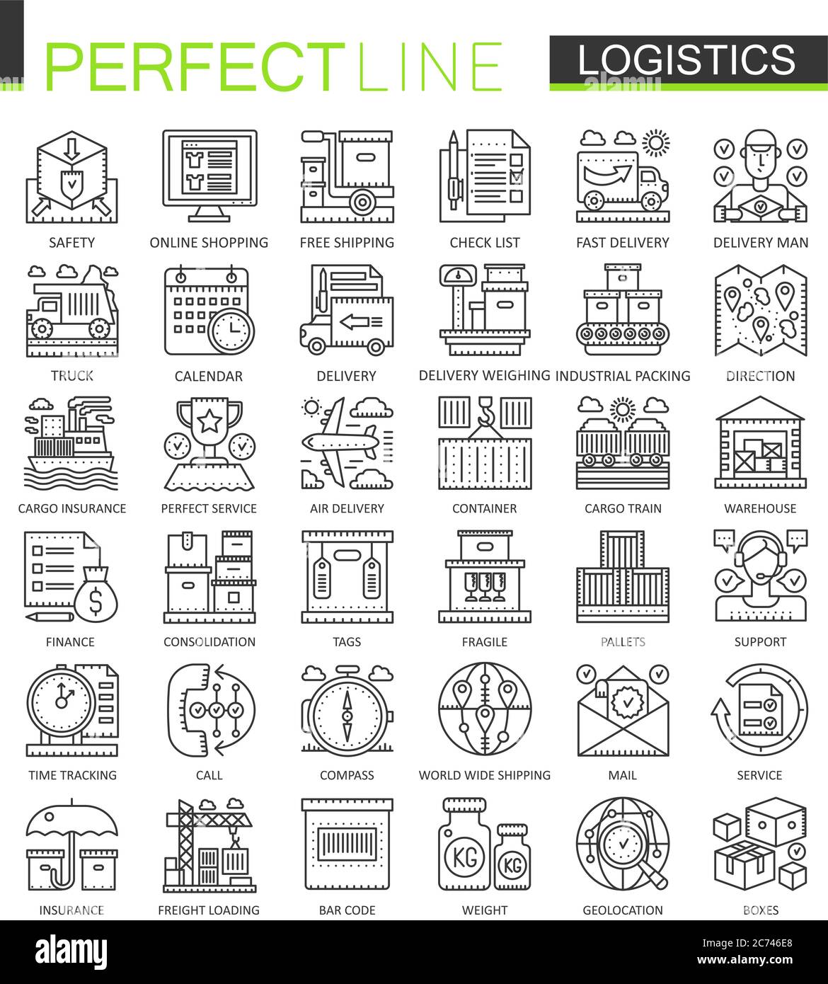 Logistik skizzieren Mini-Konzept Symbole. Moderne Strichlinie lineare Stil Illustrationen Set. Logistischer Transport perfekte dünne Linie Symbole. Stock Vektor