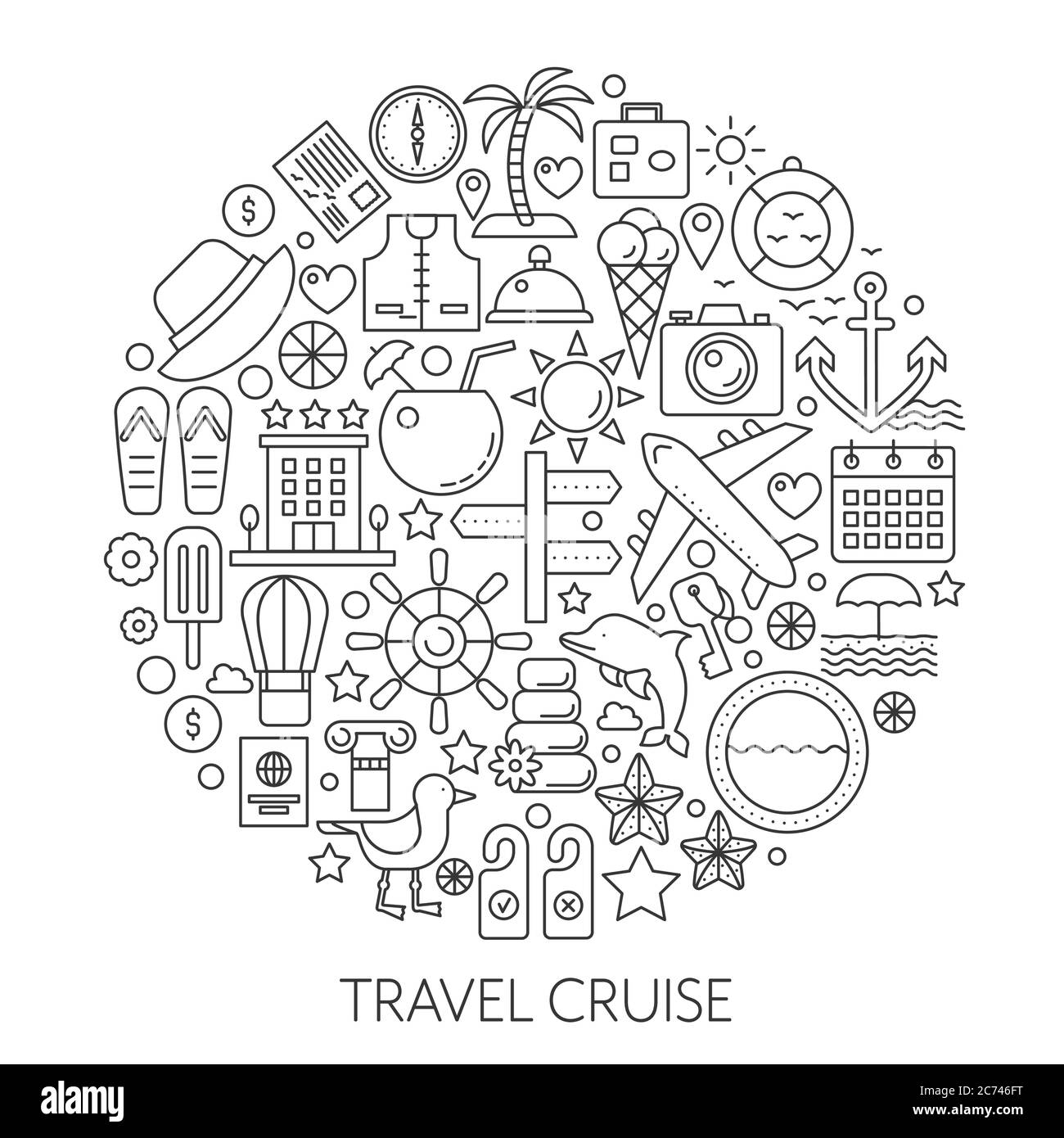 Abbildung des Konzepts „Travel Cruise Thin Line Vector“. Reise Urlaub Reisen Schlaganfall Umriss Poster, Vorlage für Web Stock Vektor
