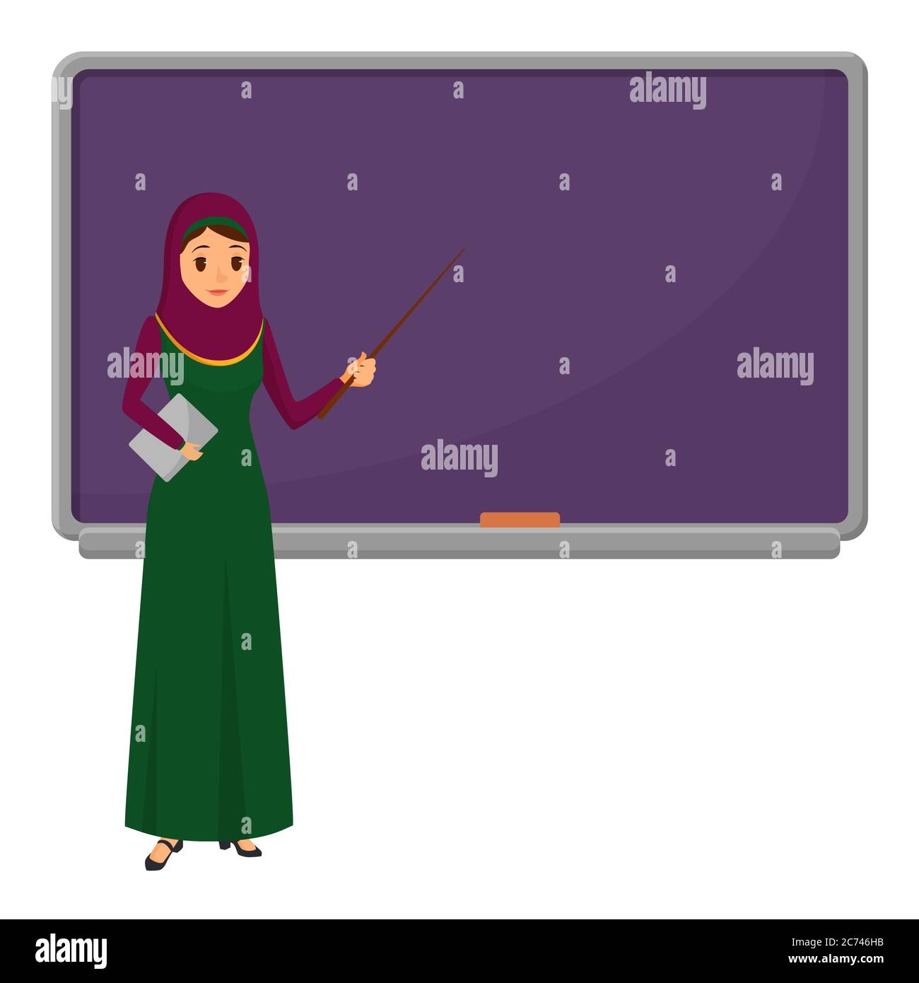 Muslimische Lehrerin, die vor der Tafel steht und in der Schule, Hochschule oder Universität unterrichtet. Flaches Design muslimische weibliche Charakter in traditioneller Kleidung Stock Vektor