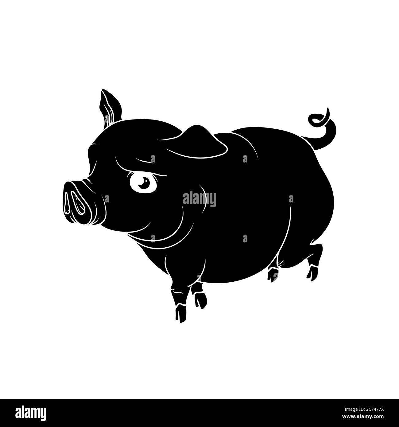 Großes Schwein mit dem lockigen Schwanz, schwarz mit weißem Umriss Stock Vektor