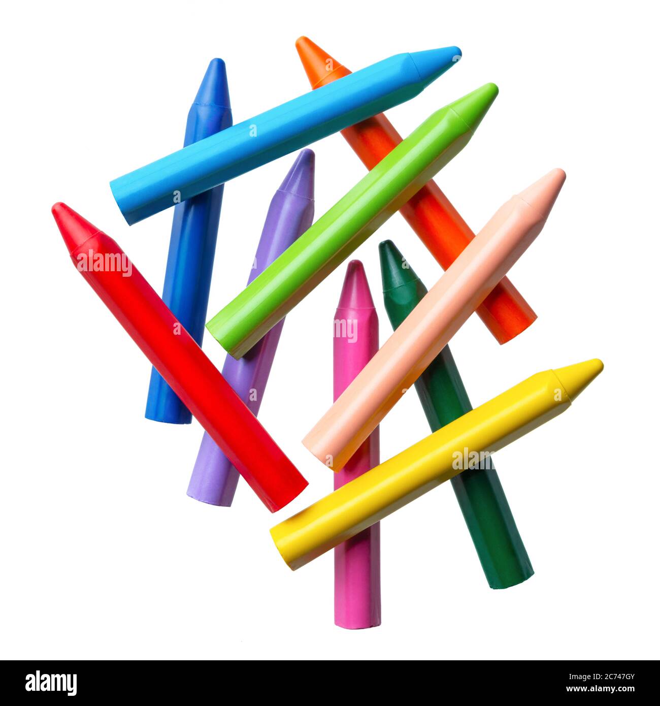 Verschiedene Set von hellen mehrfarbigen Buntstiften, isoliert auf weißem Hintergrund Stockfoto