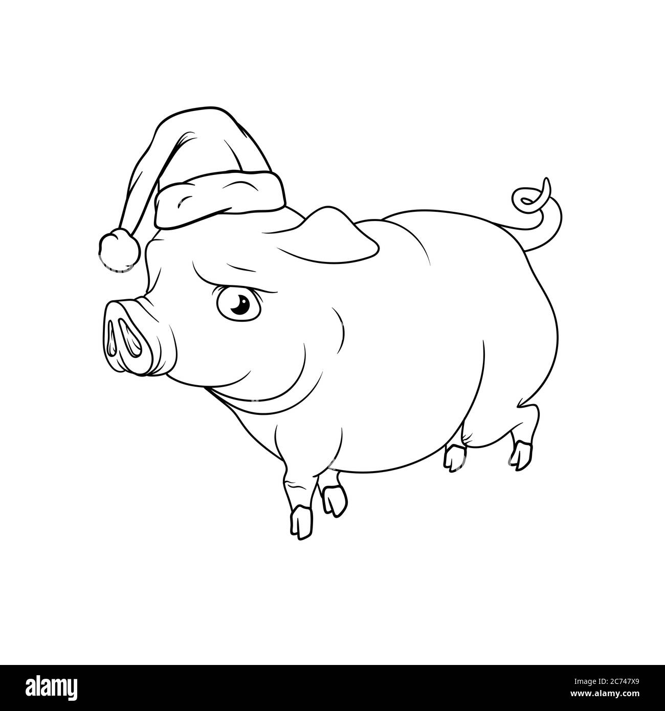 Umriss des großen Schweins mit Santas Hut auf dem Kopf, Neujahr 2019 Stock Vektor