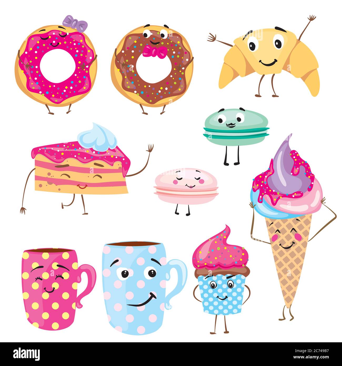 Set von süßen Desserts. Donuts, Muffins, Pasta, Kaffee, Tee, Tasse, Kuchen, Eis und ein Croissant. Lächelnde Süßigkeiten. Zeichen. Stock Vektor