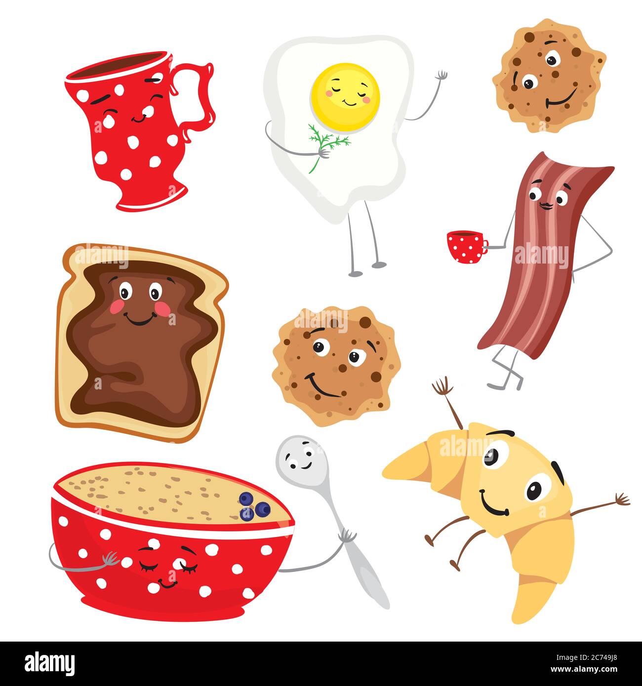 Set von lustigen Essen. Frühstück in Form von Charakteren. Eine Tasse, ein Teller mit Haferbrei, Croissant, Toast, Keksen, Rührei und Speck. Vektor illustrr Stock Vektor