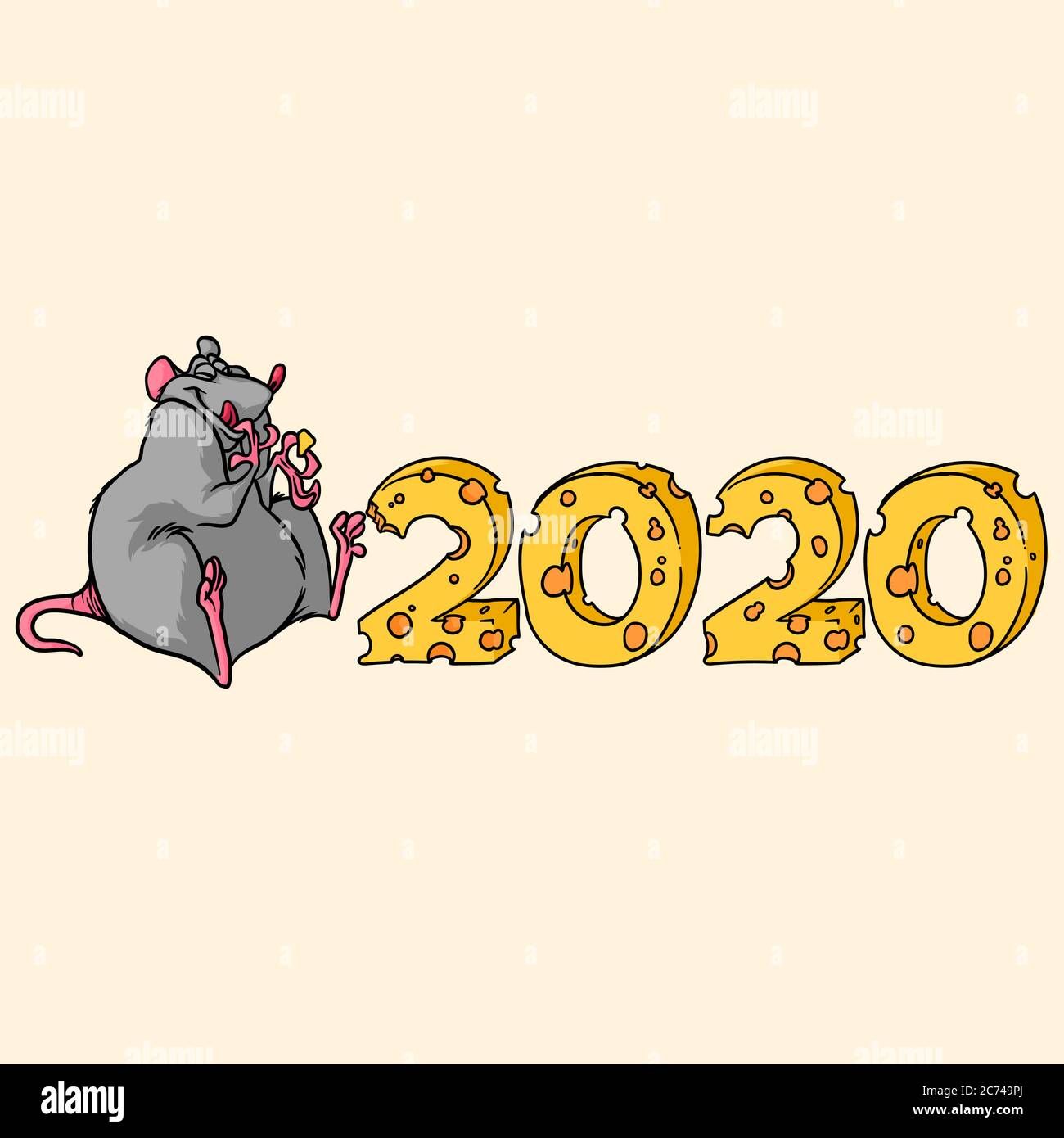 Fat nette Cartoon Ratte ist der Verzehr von Käse aus dem 2020 Logo, Neujahr Stock Vektor