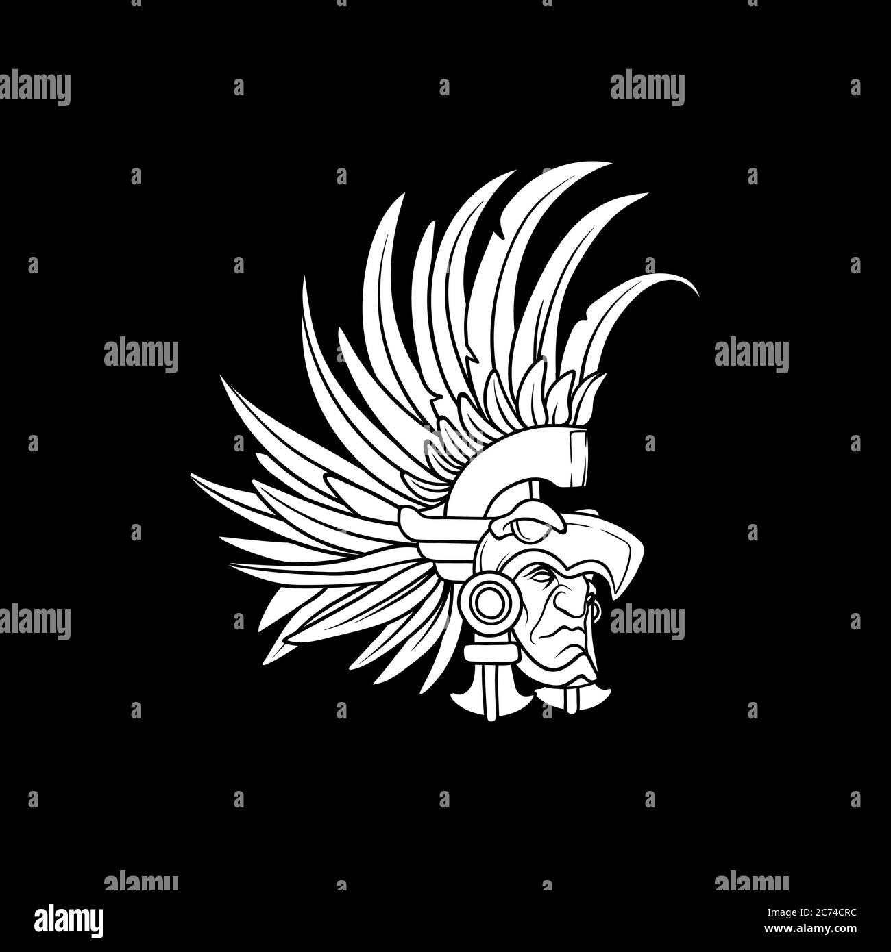 Kontur des Stammeskriegerkopfes mit dem Helm mit Federn verziert Stock Vektor