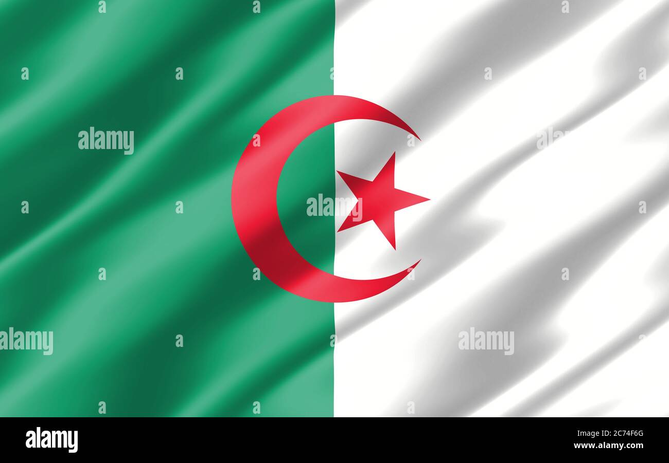 Seide gewellte Flagge von Algerien Vektorgrafik. Wellige algerische Flagge Illustration. Die geriffelte algerische Landesflagge ist ein Symbol für Freiheit, Patriotismus und Unabhängigkeit Stockfoto